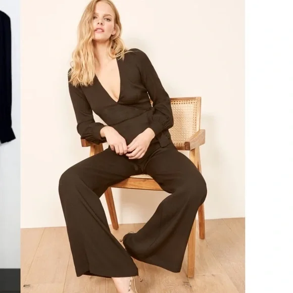 Reformation Molly Black Surplice Wrap Wide Leg long sleeve Jumpsuit Size 6